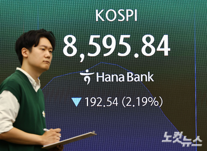 2일 오전 서울 중구 하나은행 딜링룸에 지수가 표시돼 있다. 류영주 기자