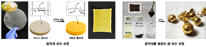 개발된 흡착제의 제조 과정 및 이를 활용한 금 회수 과정. 연구재단 제공