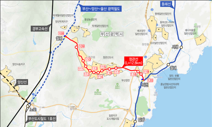 도시철도 정관선 노선도.  부산시 제공
