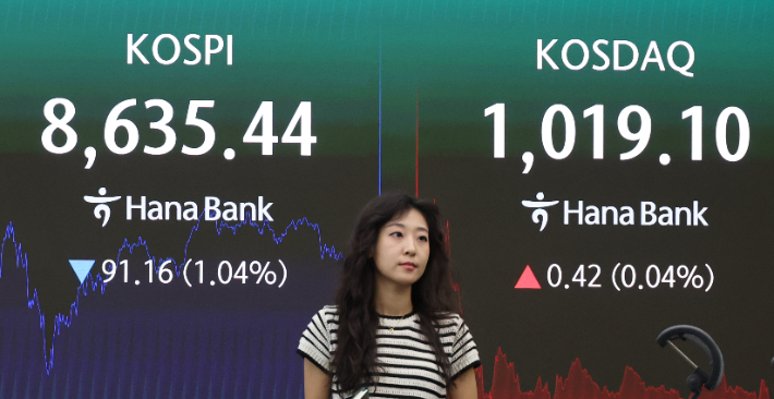 17일 서울 중구 하나은행 딜링룸 현황판에 코스피, 코스닥 지수가 표시되고 있다. 연합뉴스