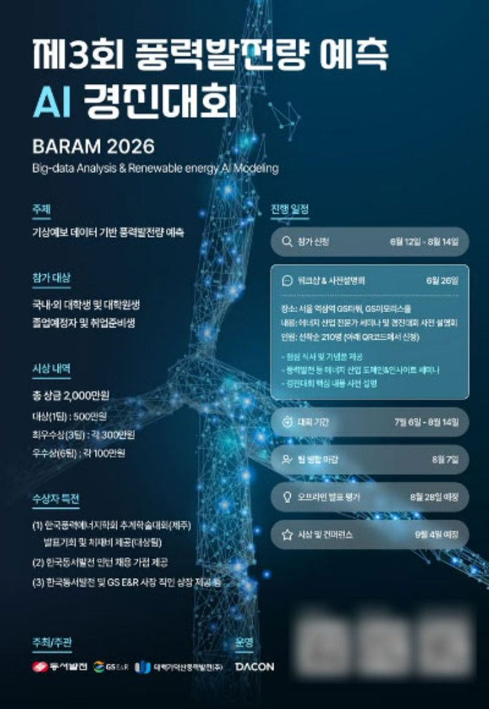 한국동서발전은 GS E&R, 태백가덕산풍력발전과 함께 '제3회 풍력발전량 예측 인공지능(AI) 경진대회'를 개최한다. 동서발전 제공