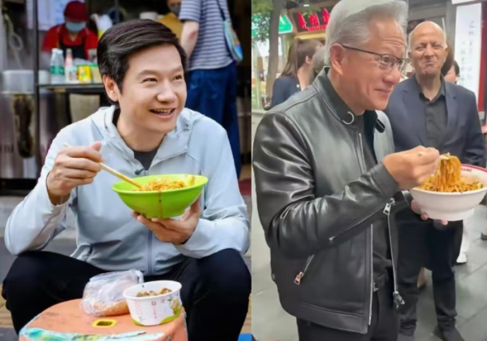 열간면을 먹는 레이쥔과 짜장면을 먹는 젠슨황. 샤오홍수(小红书) 캡처