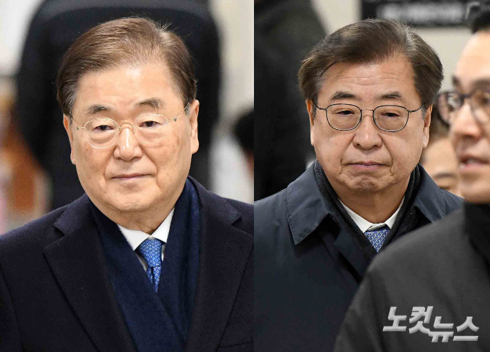 정의용(왼쪽) 전 국가안보실장, 서훈 전 국가정보원장. 박종민 기자 