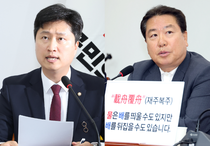  18일 국회에서 열린 국민의힘 최고위원회의에서 우재준 청년최고위원(왼쪽 사진)과 조광한 최고위원이 장동혁 대표의 거취를 놓고 다시 한번 공개 충돌했다. 우 청년최고위원은 이날 "우리 지도부가 선관위 사태가 좀 마무리되는 때, 적어도 가을 전에는 임기를 종료하는 걸로 했으면 좋겠다"고 제언했고 조 최고위원은 "요즘 마이크만 잡으면 외계어를 하시는 분들이 많다"고 반박했다. 연합뉴스