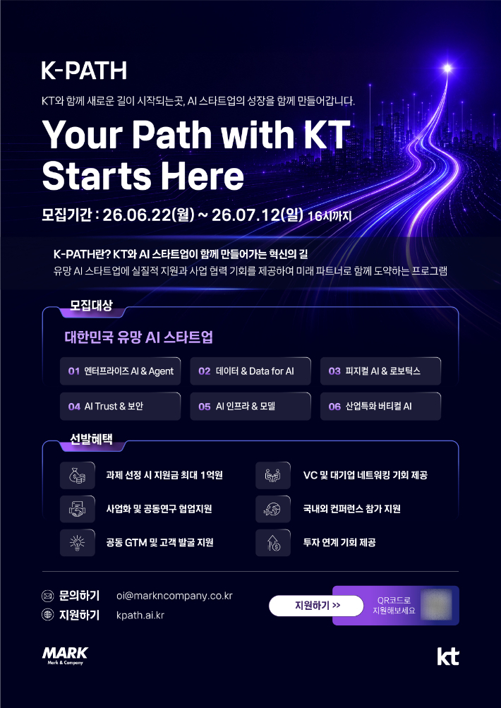 KT가 고객 AX 혁신을 함께 추진할 AI 스타트업을 발굴하기 위해 오픈 이노베이션 프로그램 K-PATH 2026 공모를 시작한다. KT 제공