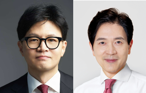 무소속 한동훈 부산 북갑 의원과  국민의힘 박성훈 부산 북을(오른쪽) 의원. 2년 뒤 총선에서 북구 갑을이 합구될 경우 둘의 보수 내부경쟁이 치열해질 전망이다. 의원실 제공