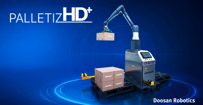 두산로보틱스가 '오토메이트(Automate) 2026'에서 처음 선보이는 AI 팔레타이징 설루션 'PalletizHD+' 랜더링 이미지. 두산로보틱스 제공