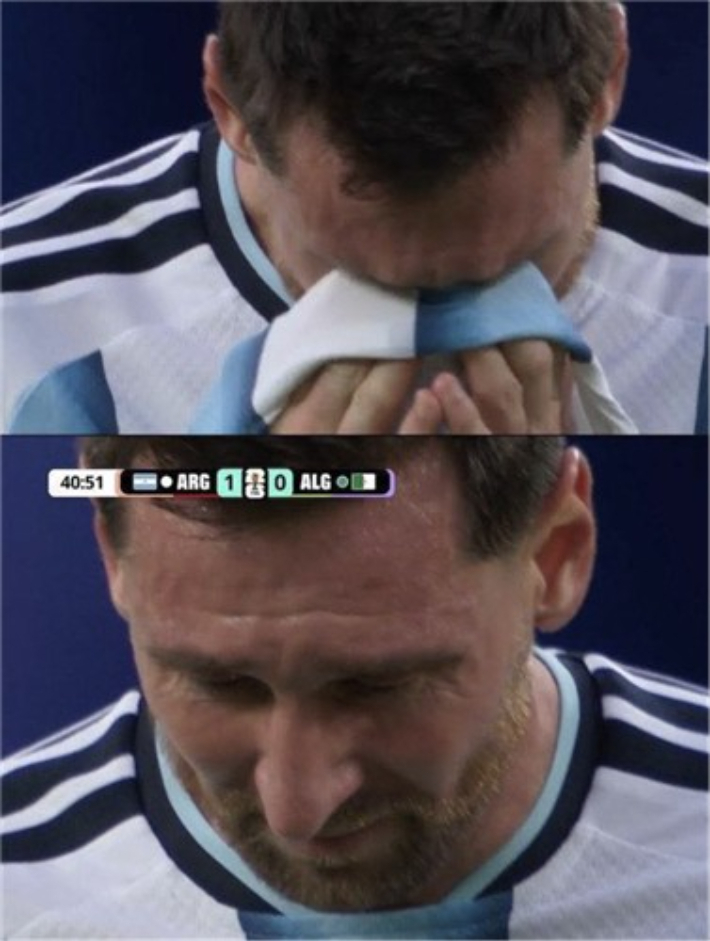 지난 17일 선제골을 넣은 뒤 중계 화면에 잡힌 리오넬 메시의 모습. 연합뉴스