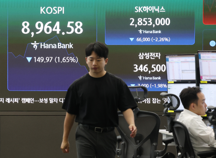 23일 서울 중구 하나은행 딜링룸 현황판에 코스피 등이 표시되고 있다. 코스피는 이날 전날보다 31.01포인트(0.34%) 내린 9083.54에, 코스닥지수는 9.76포인트(1.01%) 내린 958.64에 개장했다. 연합뉴스