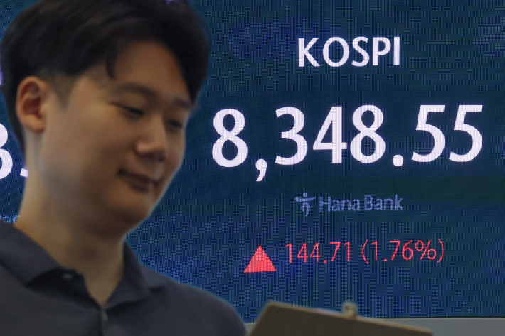 24일 서울 중구 하나은행 본점 딜링룸 현황판에 코스피가 표시돼 있다. 연합뉴스