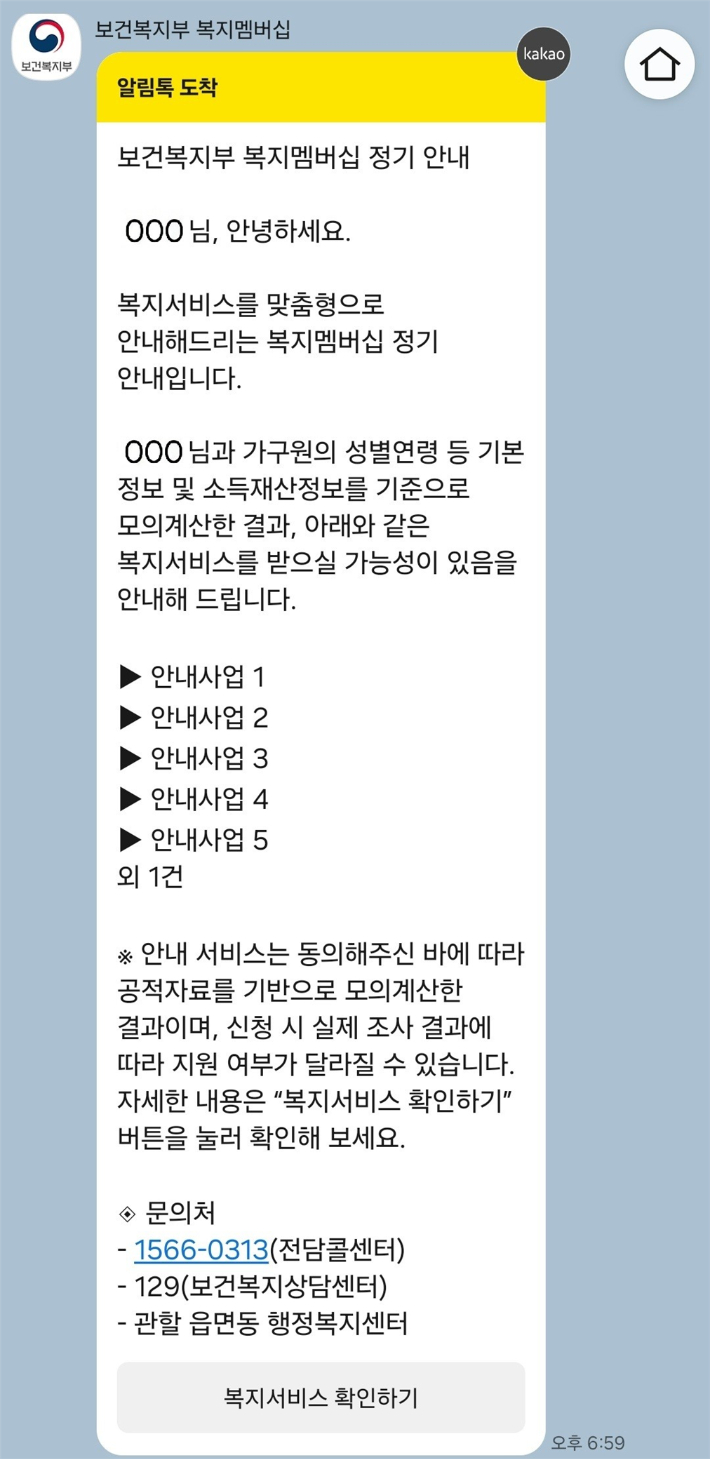 정기안내 안내문 형식. 복지부 제공
