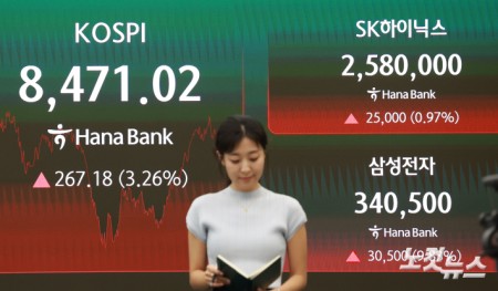코스피가 전날의 급락을 딛고 하루 만에 반등에 성공하면서 8400선을 회복한 24일 서울 중구 하나은행 딜링룸에 지수가 표시돼 있다.