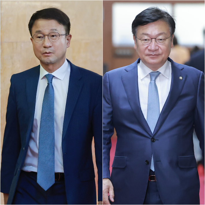 더불어민주당 한병도 원내대표(왼쪽)와 국민의힘 정점식 원내대표가 24일 국회의장실에서 조정식 국회의장 주재 원 구성 관련 원내대표 회동을 마친 뒤 이동하고 있다. 연합뉴스
