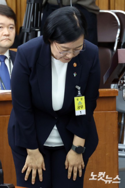 한성숙 국무총리 후보자가 25일 서울 여의도 국회에서 열린 인사청문회에서 모두발언을 마치고 인사를 하고 있다.