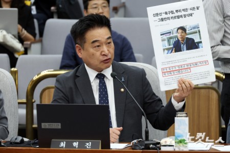 최혁진 무소속 의원이 26일 서울 여의도 국회에서 열린 한성숙 국무총리 후보자에 대한 인사청문회에서 축구협회와 관련 자료를 보이며 질의를 하고 있다.