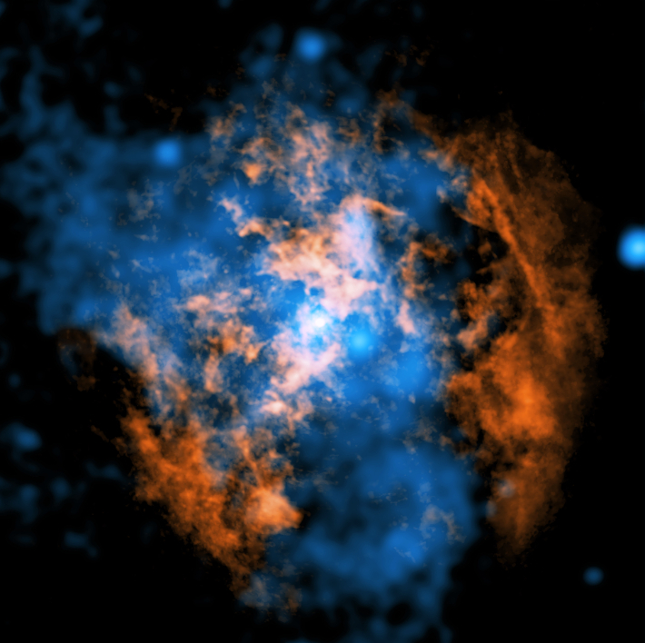 X선으로 관측한 궁수자리 A* 블랙홀과 주변부. X-ray: NASA/CXC/노스웨스턴대/M. 고르스키; Radio:ESO/NAOJ/NRAO/ALMA; 이미지 처리: NASA/CXC/SAO: K. 알칸드, P. 에드먼즈