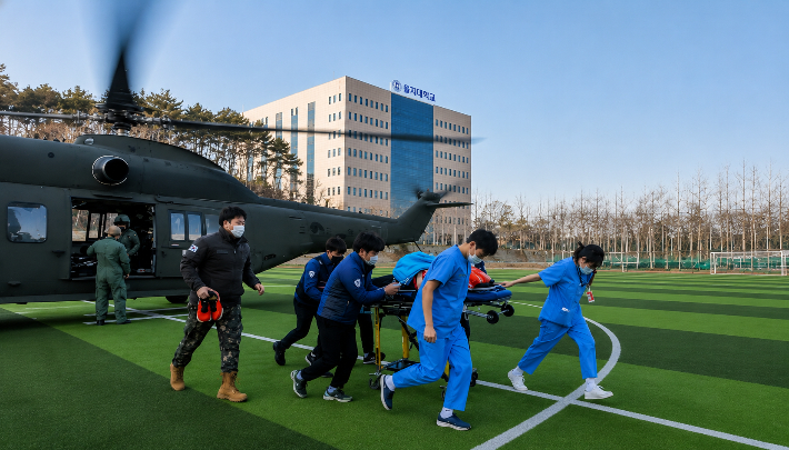 의정부을지대학교병원 의료진이 군 헬기로 이송된 환자를 응급실로 긴급 이송하고 있다. 의정부을지대학교병원 제공