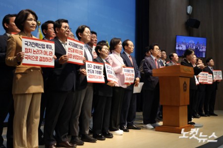 이철우 경북지사와 추경호 대구시장 당선인, 대구·경북(TK) 지역 의원들이 29일 서울 여의도 국회 소통관에서 광주·전남권 제2국가 반도체 클러스터 조성 계획 관련 기자회견을 하고 있다.