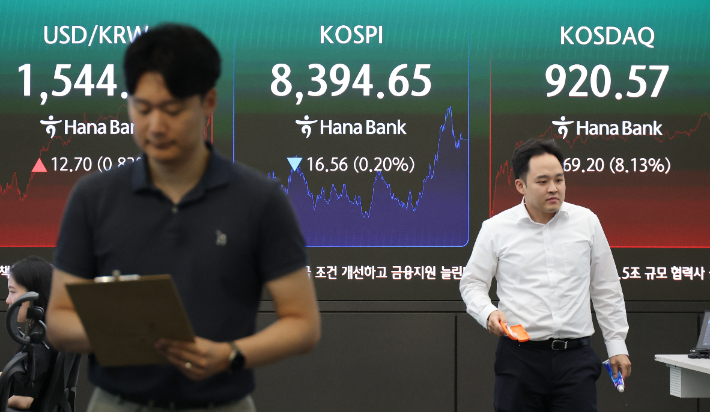 29일 서울 중구 하나은행 딜링룸 현황판에 코스피·코스닥 종가가 표시돼있다. 연합뉴스