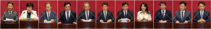 30일 국회 본회의에서 상임위원장으로 선출된 11명 (왼쪽부터) 한병도 국회 운영위원장, 서영교 법사위원장, 유동수 정무위원장, 조승래 재정경제기획위원장, 송기헌 과방위원장, 진성준 국방위원장, 김영진 행안위원장, 이재정 문체위원장, 서삼석 농해수위원장, 김정호 기후노동위원장, 이광재 국회 예결위원장. 연합뉴스