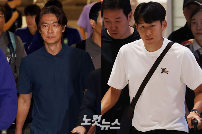 2026 북중미월드컵 축구대표팀 홍명보 감독(왼쪽), 주장 손흥민이 인천국제공항 2터미널을 통해 귀국하는 모습. 인천공항=황진환 기자