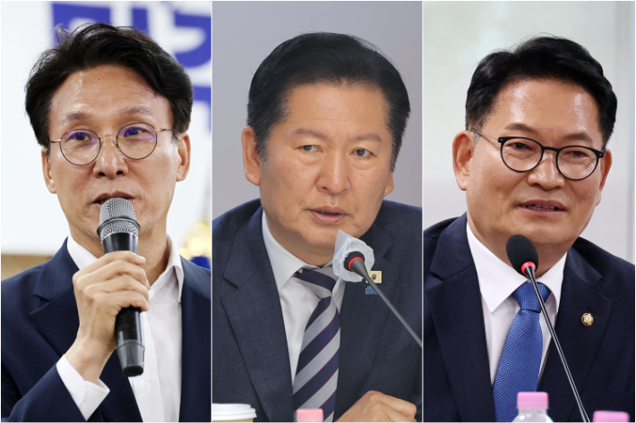 김민석 전 국무총리(왼쪽부터), 정청래 전 더불어민주당 대표, 송영길 더불어민주당 의원. 연합뉴스