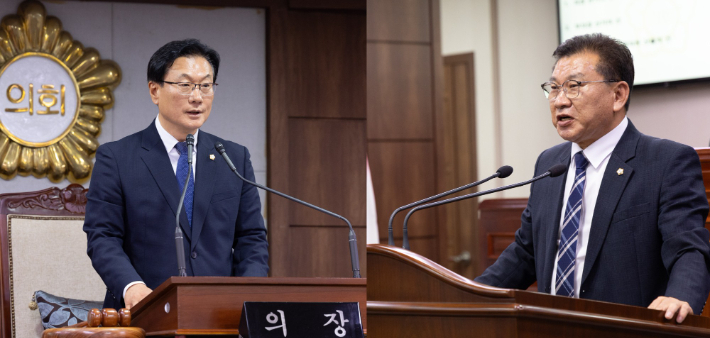 1일 선출된 유영철 순천시의회 의장(왼쪽)과 이향기 부의장. 순천시의회 제공 