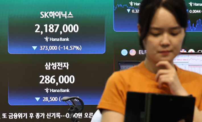 2일 서울 중구 하나은행 딜링룸 현황판에 삼성전자와 SK하이닉스 등 주가가 표시되고 있다. 연합뉴스