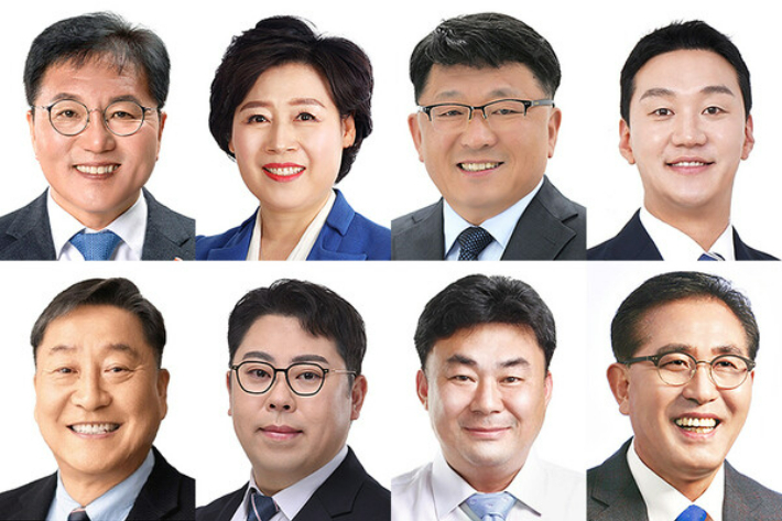제13대 제주도의회 전반기 상임위원장 사진. 위 왼쪽부터 하성용 의회운영위원장, 이경심 행정자치위원장, 이경철 보건복지안전위원장, 김기환 미래경제산업위원장. 아래 왼쪽부터는 양홍식 환경도시위원장, 한동수 문화관광체육위원장, 강충룡 농수축위원장, 강동우 교육위원장. 자료사진