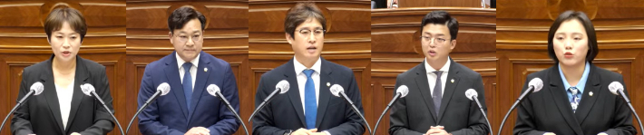 왼쪽부터 전주시의회 운영위원장 온혜정 의원, 행정위원장 최명권 의원, 복지환경위원장 김정명 의원, 문화경제위원장 이성국 의원, 도시건설위원장 최서연 의원이 각각 선출됐다. 전주시의회 제공