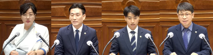 왼쪽부터 전주시의회 무소속 최영심(행정위원장 후보), 무소속 채영병(복지환경위원장 후보), 조국혁신당 채민석(문화경제위원장 후보), 조국혁신당 홍대규(도시건설위원장 후보) 의원이 각각 정견발표를 하고 있다. 전주시의회 제공