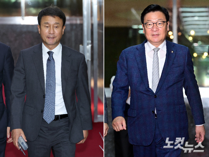 더불어민주당 한병도 당대표 직무대행 겸 원내대표와 국민의힘 정점식 원내대표가 30일 서울 여의도 국회에서 후반기 원 구성 관련 여야 원내대표 회동을 위해 국회의장실로 향하고 있다. 윤창원 기자