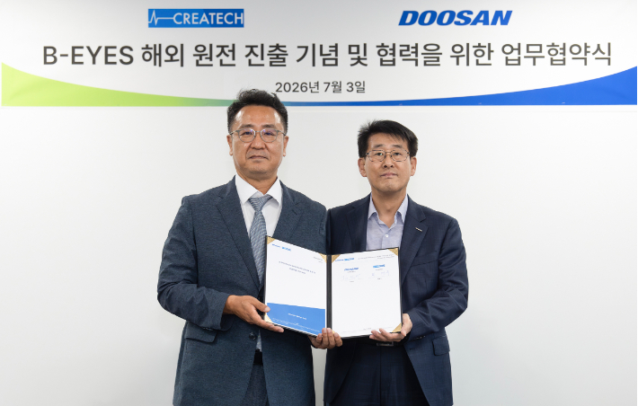 좌측부터 크리에이텍 최태묵 대표이사와 두산에너빌리티 김덕수 TM설계 담당. 두산에너빌리티 제공