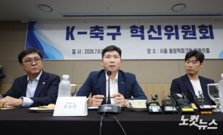 6일 서울 송파구 올림픽파크텔에서 열린 K-축구 혁신위원회 출범식에서 공동위원장을 맡은 유승민 대한체육회 회장이 모두발언을 하고 있다.
