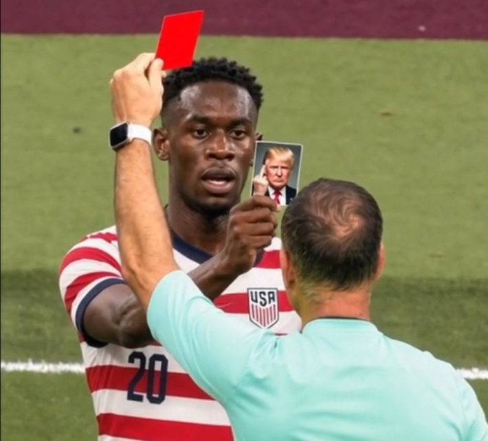 FIFA의 징계 유예 결정고 관련해 발로건이 레드 카드를 주는 심판을 향해 트럼프의 얼굴이 그려진 카드를 내미는 AI 합성 영상. X 캡처  