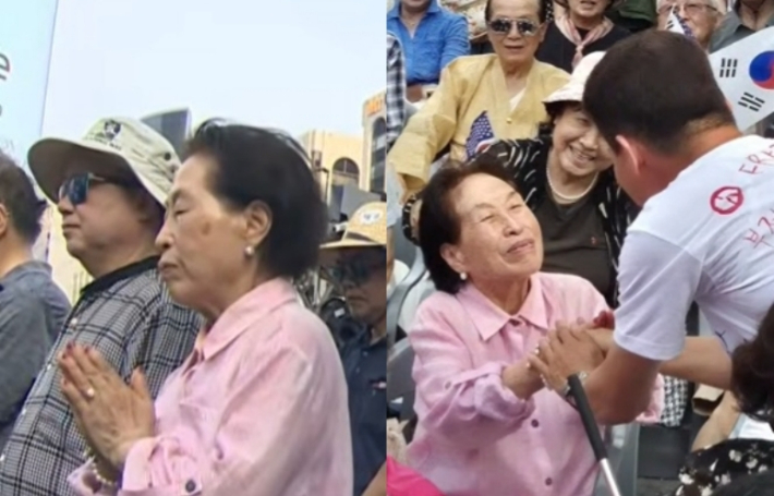 전원주씨는 집회 시작부터 자리를 지켰고, 배우 최준용씨의 소개에 이어 전한길씨와 인사하는 모습도 영상에 담겼다. 유튜브 캡처