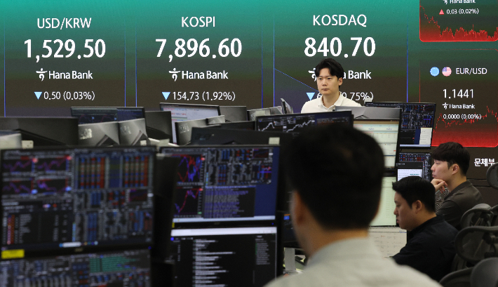 코스피가 장 초반 2% 넘게 내리며 7800선으로 밀려난 7일 서울 중구 하나은행 본점 딜링룸에서 직원들이 업무를 보고 있다. 연합뉴스