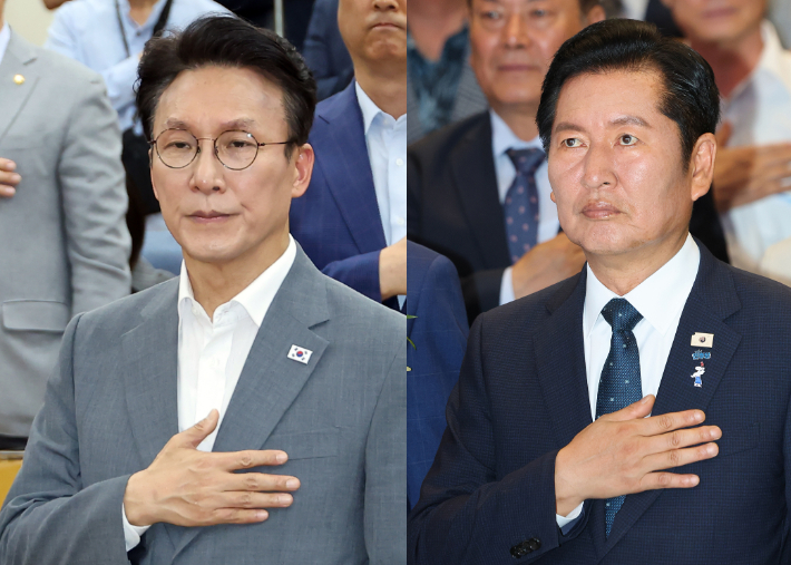 더불어민주당 당권 주자인 김민석 전 총리(왼쪽)와 정청래 전 대표. 연합뉴스