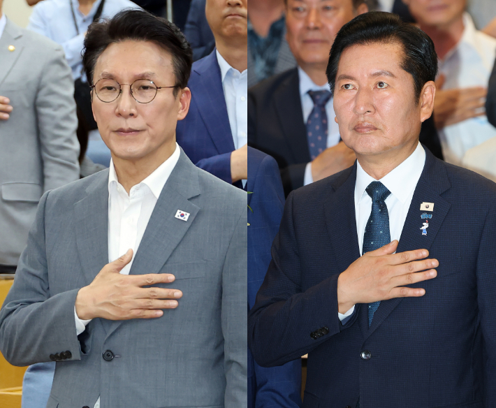 더불어민주당 당권 주자인 김민석 전 총리(왼쪽)와 정청래 전 대표. 연합뉴스