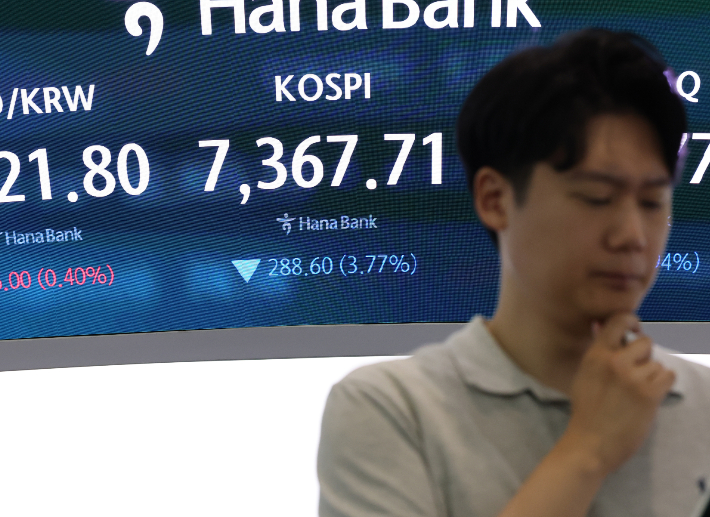 8일 서울 중구 하나은행 본점 딜링룸에서 직원들이 업무를 보고 있다. 연합뉴스