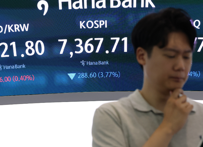 8일 서울 중구 하나은행 본점 딜링룸에서 직원들이 업무를 보고 있다. 연합뉴스
