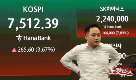 코스피가 이틀 연속 급락을 딛고 반등한 9일 오전 서울 중구 하나은행 딜링룸 현황판에 코스피 지수와 SK하이닉스, 삼성전자의 주가가 표시돼 있다.