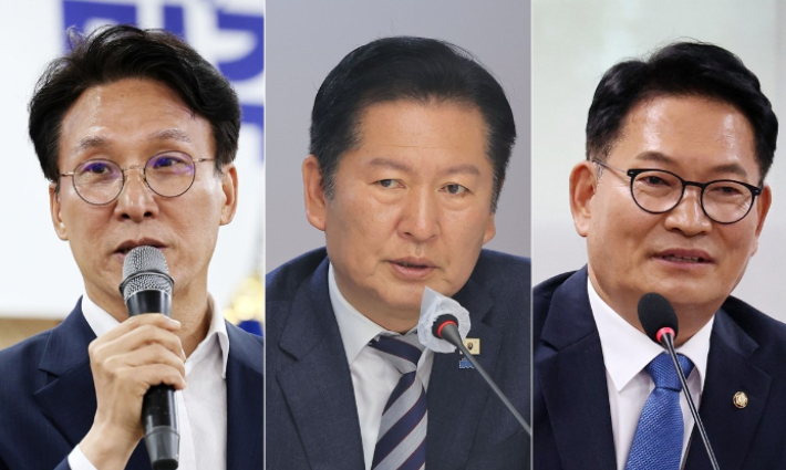 김민석 전 국무총리(왼쪽부터), 정청래 전 더불어민주당 대표, 송영길 전 더불어민주당 대표. 연합뉴스