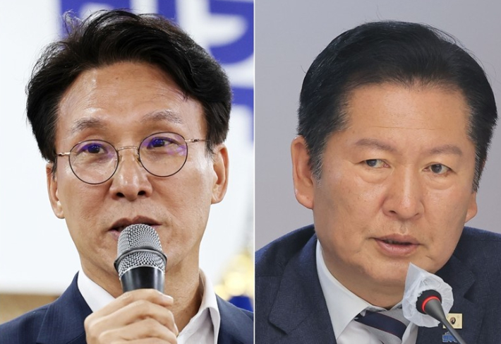 김민석 전 국무총리(왼쪽)와 정청래 전 더불어민주당 대표. 연합뉴스