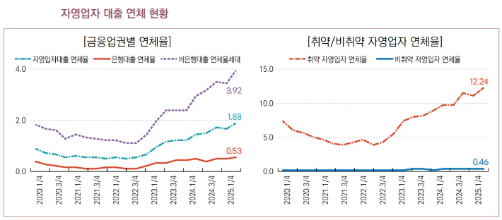 최근 5년간(2020~2025년)  자영업자 대출 연체 현황. 국회미래연구원 '자영업 시장의 구조적 전환과 정책적 과제' 연구보고서 캡처