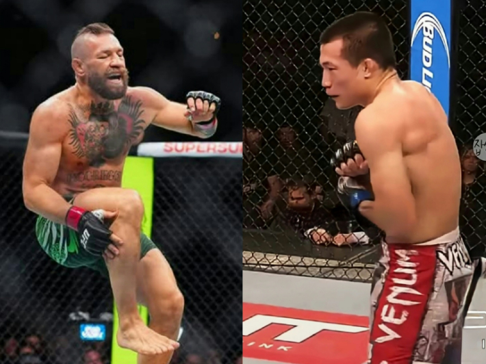 맥그리거(사진 왼쪽)와 2013년년 조제 알도와의 타이틀전 당시 어깨가 탈구된 정찬성. UFC 제공 