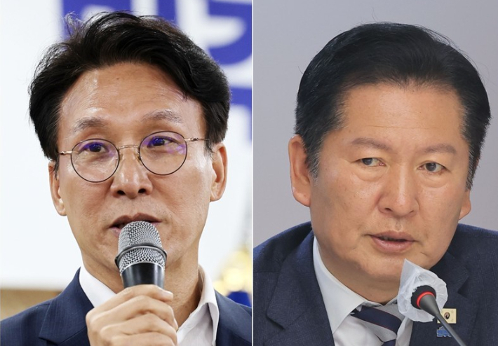 김민석 전 국무총리(왼쪽), 정청래 전 더불어민주당 대표. 연합뉴스