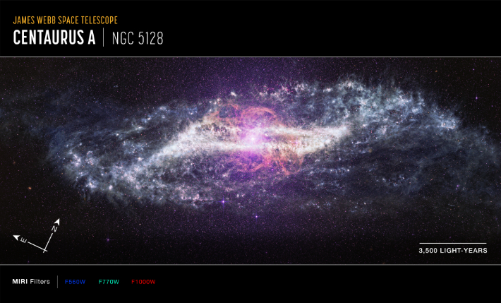 제임스 웹 우주망원경으로 관측한 센타우루스 A(NGC 5128)의 모습. NASA, ESA, CSA, STScI; 이미지 처리: 알리사 파간(STScI), 조셉 드파스콸레(STScI), 마카레나 가르시아 마린(ESA 사무소)