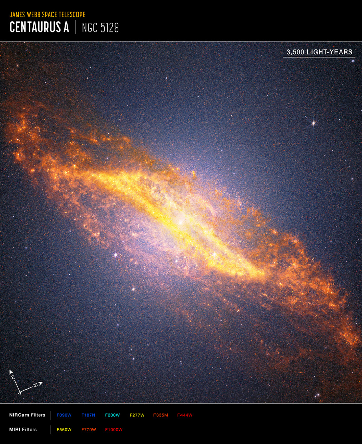 센타우루스 A(NGC 5128)에 대한 근적외선 데이터와 중적외선 데이터를 합친 결과물. NASA, ESA, CSA, STScI; 이미지 처리: 알리사 파간(STScI), 조셉 드파스콸레(STScI), 마카레나 가르시아 마린(ESA 사무소)