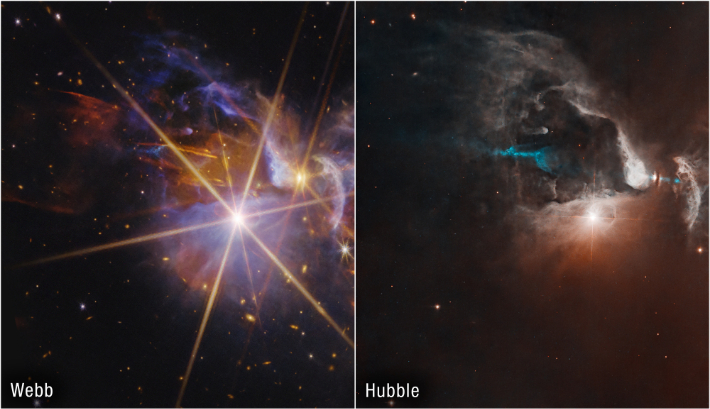 제임스 웹 우주망원경과 허블 우주망원경으로 FS 타우를 관측한 결과물 비교 이미지. NASA, ESA, CSA, STScI; 이미지 처리: 얼리서 페이건(STScI)
